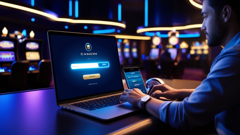 شاشة دخول مضيئة مع هاتف ولابتوب داخل أجواء كازينو مظلمة